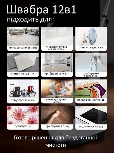 Універсальна парова швабра 2-в-1 з 8 насадками для вологого прибирання ALE-006-R фото